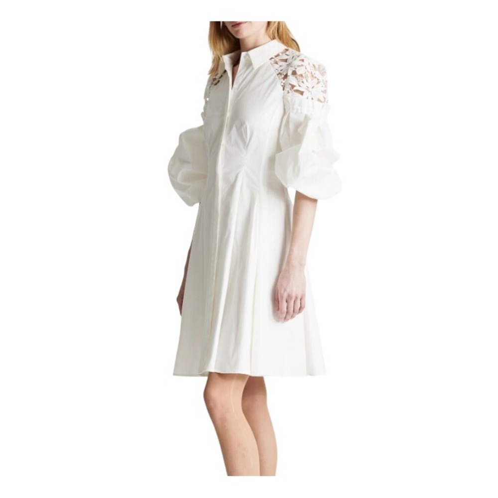 NIALI White Crochet Lace Shirt Dress Pleated Balloon Sleeve Cotton Mini Cottage